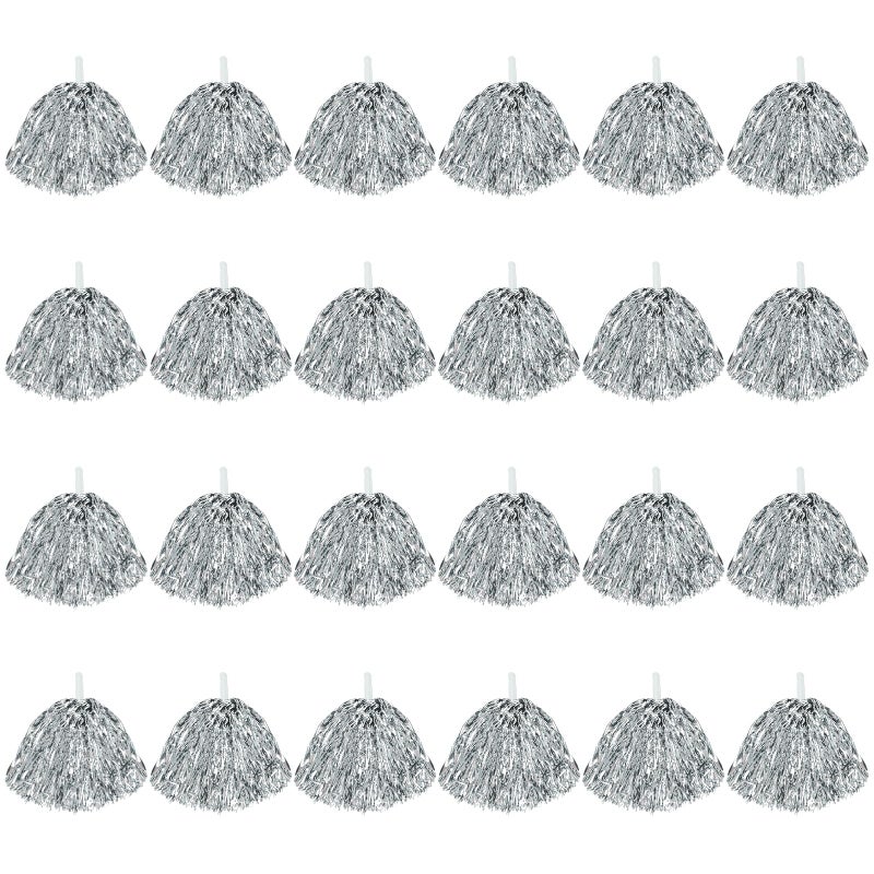 CUGBO 24Pcs Cheerleading Pom Poms, 1 Dozen Handle Metallic Foil Flower Ribbons Cheerleader Pompoms, Kids Children Ball Dance Sports Coaches Game Party Fancy (Silver) - Image 1